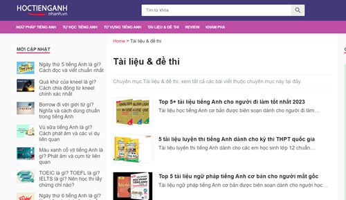 Hoctienganhnhanh vn, trang chia sẻ đề thi tiếng Anh đầy đủ nhất