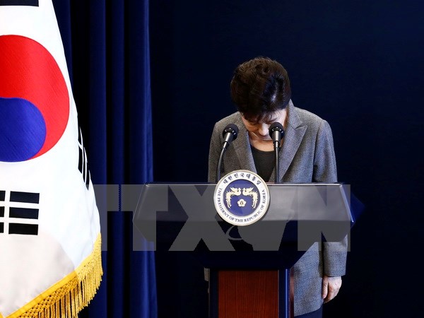 Tổng thống Park Geun-hye xin lỗi người dân trong bài phát biểu trực tiếp trên truyền hình về vụ bê bối chính trị liên quan đến người bạn thân Choi Soon-sil, tại Seoul ngày 29/11. (Nguồn: EPA/TTXVN)