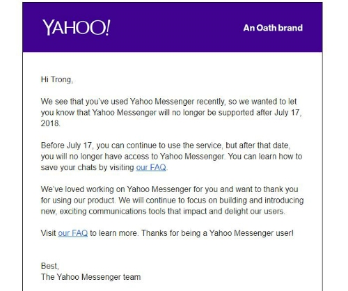 Yahoo Messenger gửi thư tạm biệt người dùng