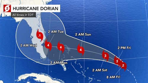 Bão Dorian mạnh lên cấp cực kì nguy hiểm đang tiến vào nước Mỹ