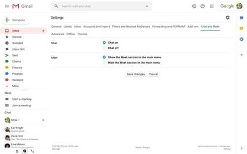 Google cho hiện hoặc ẩn Google Meet trên Gmail