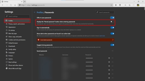 Microsoft Edge cho phép tắt tùy chọn Reveal Password