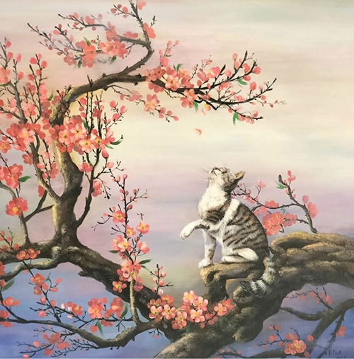 Admiring cat paintings in the year of the cat